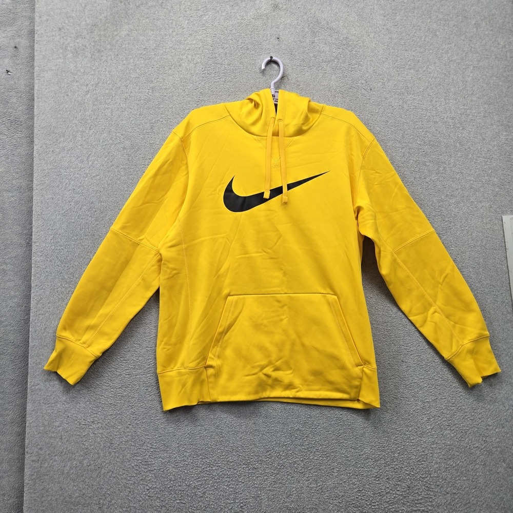 Nike Men Hoodie L Yellow Fleece Center Swoosh Logo Dri-Fit Activewear Pullover